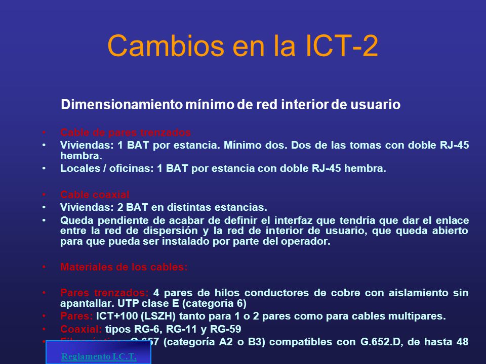 Cambios en la ICT-2 Dimensionamiento mínimo de red interior de usuario