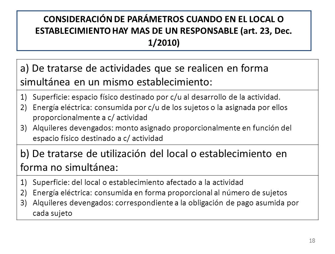 CONSIDERACIÓN DE PARÁMETROS CUANDO EN EL LOCAL O ESTABLECIMIENTO HAY MAS DE UN RESPONSABLE (art. 23, Dec. 1/2010)