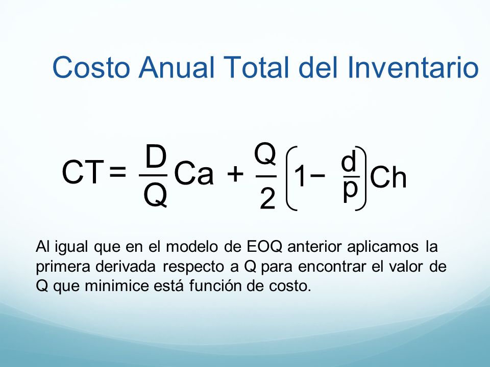 D CT = Ca + Q Costo Anual Total del Inventario Q d 1− Ch p 2