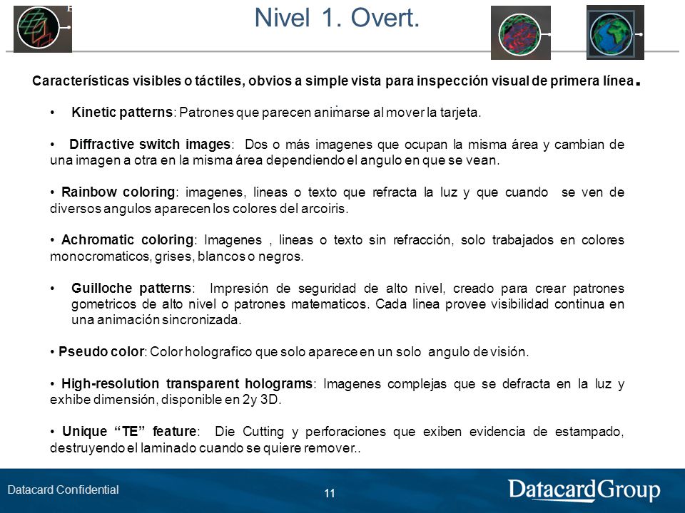 Nivel 1. Overt. Características visibles o táctiles, obvios a simple vista para inspección visual de primera línea. .