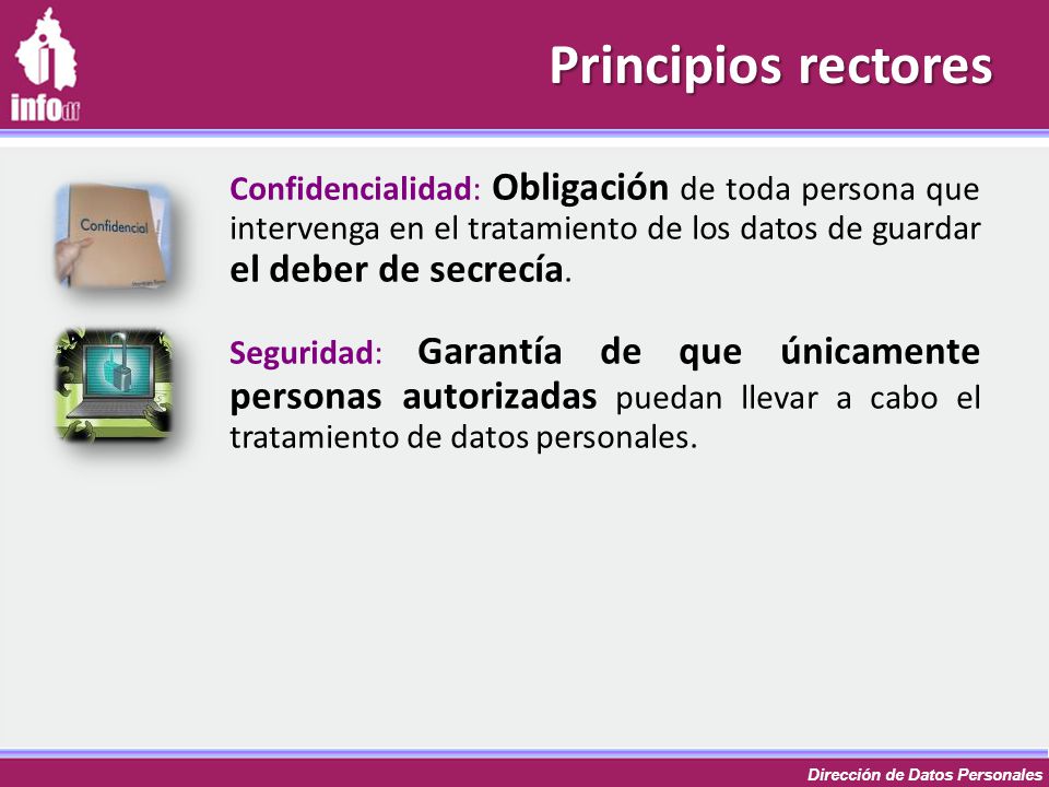 Principios rectores Confidencialidad: Obligación de toda persona que intervenga en el tratamiento de los datos de guardar el deber de secrecía.