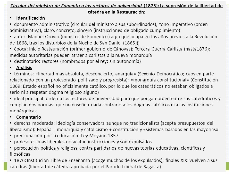 Circular del ministro de Fomento a los rectores de universidad (1875): La supresión de la libertad de cátedra en la Restauración: