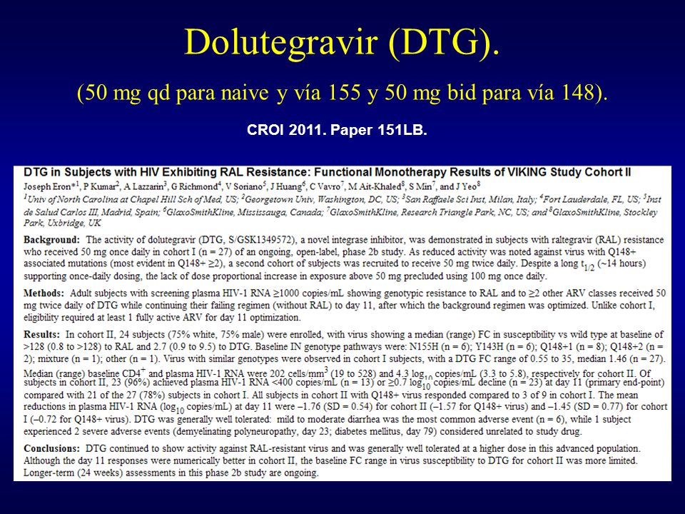 Dolutegravir (DTG). (50 mg qd para naive y vía 155 y 50 mg bid para vía 148).