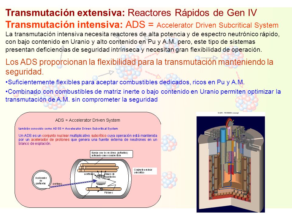 Transmutación extensiva: Reactores Rápidos de Gen IV Transmutación intensiva: ADS = Accelerator Driven Subcritical System