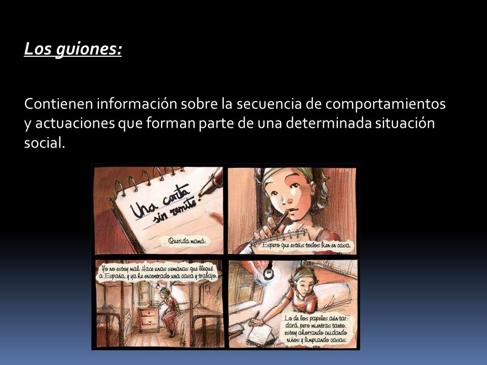 Los guiones: Contienen información sobre la secuencia de comportamientos y actuaciones que forman parte de una determinada situación social.