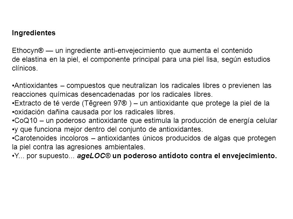 Ingredientes Ethocyn® — un ingrediente anti-envejecimiento que aumenta el contenido.