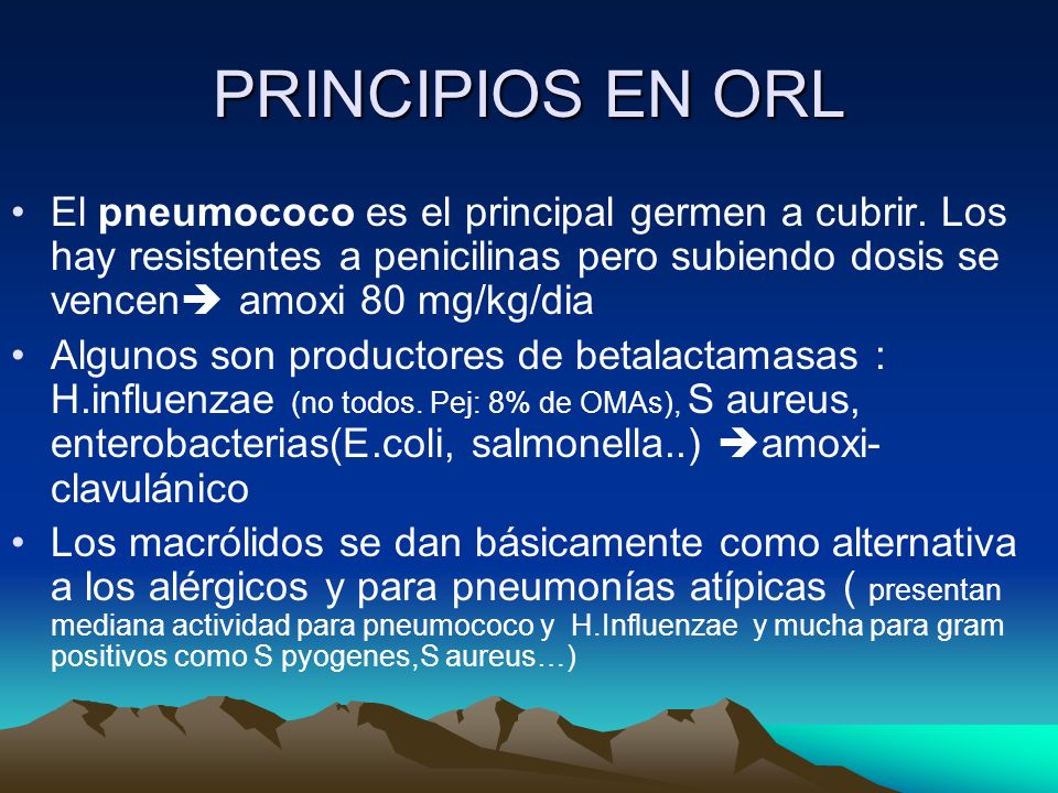 PRINCIPIOS EN ORL El pneumococo es el principal germen a cubrir. Los hay resistentes a penicilinas pero subiendo dosis se vencen amoxi 80 mg/kg/dia.