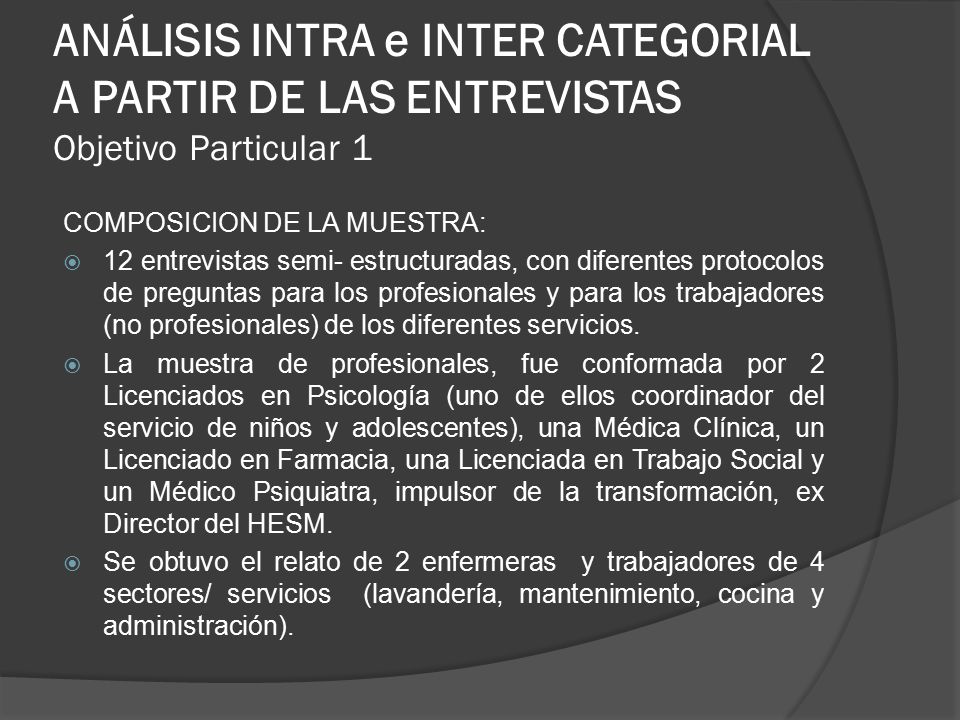 ANÁLISIS INTRA e INTER CATEGORIAL A PARTIR DE LAS ENTREVISTAS Objetivo Particular 1