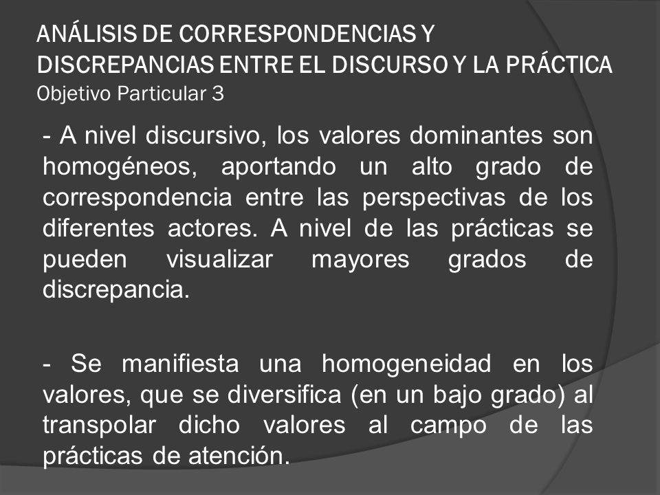 ANÁLISIS DE CORRESPONDENCIAS Y DISCREPANCIAS ENTRE EL DISCURSO Y LA PRÁCTICA Objetivo Particular 3