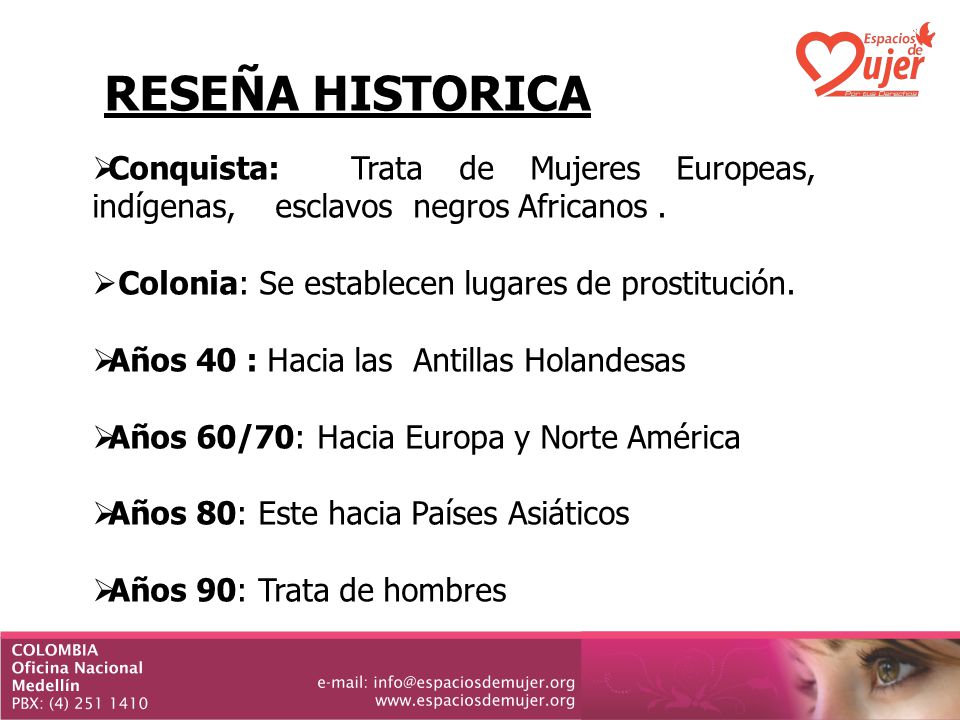 RESEÑA HISTORICA Conquista: Trata de Mujeres Europeas, indígenas, esclavos negros Africanos . Colonia: Se establecen lugares de prostitución.