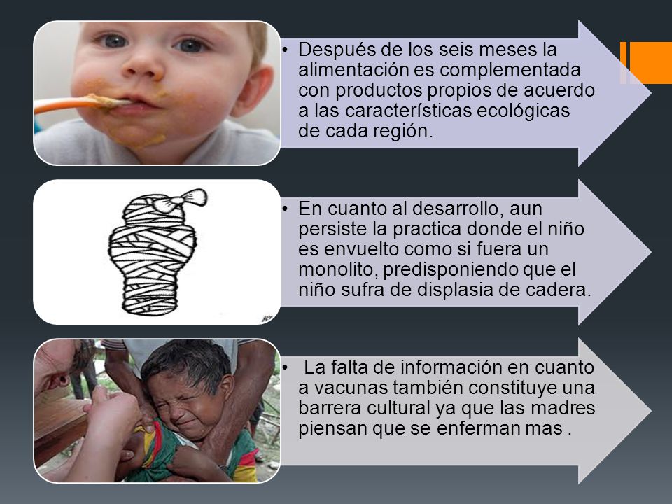Después de los seis meses la alimentación es complementada con productos propios de acuerdo a las características ecológicas de cada región.
