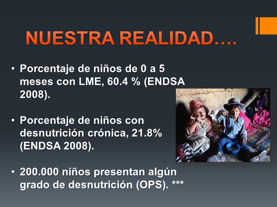 NUESTRA REALIDAD…. Porcentaje de niños de 0 a 5 meses con LME, 60.4 % (ENDSA 2008).