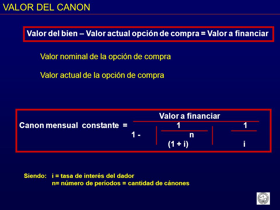 VALOR DEL CANON Valor del bien – Valor actual opción de compra = Valor a financiar. Valor nominal de la opción de compra.