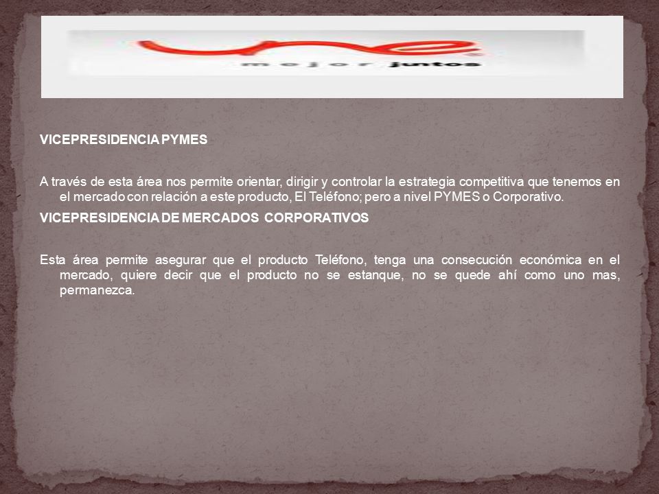 VICEPRESIDENCIA PYMES A través de esta área nos permite orientar, dirigir y controlar la estrategia competitiva que tenemos en el mercado con relación a este producto, El Teléfono; pero a nivel PYMES o Corporativo.