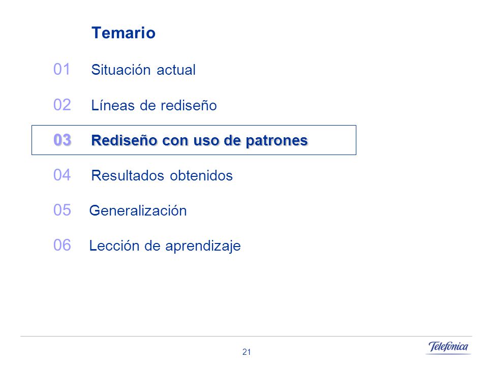 Temario 01 Situación actual. 02 Líneas de rediseño. 03 Rediseño con uso de patrones. 04 Resultados obtenidos.