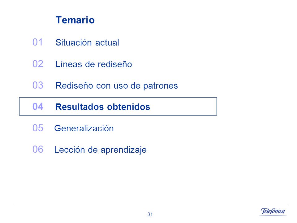 Temario 01 Situación actual. 02 Líneas de rediseño. 03 Rediseño con uso de patrones. 04 Resultados obtenidos.