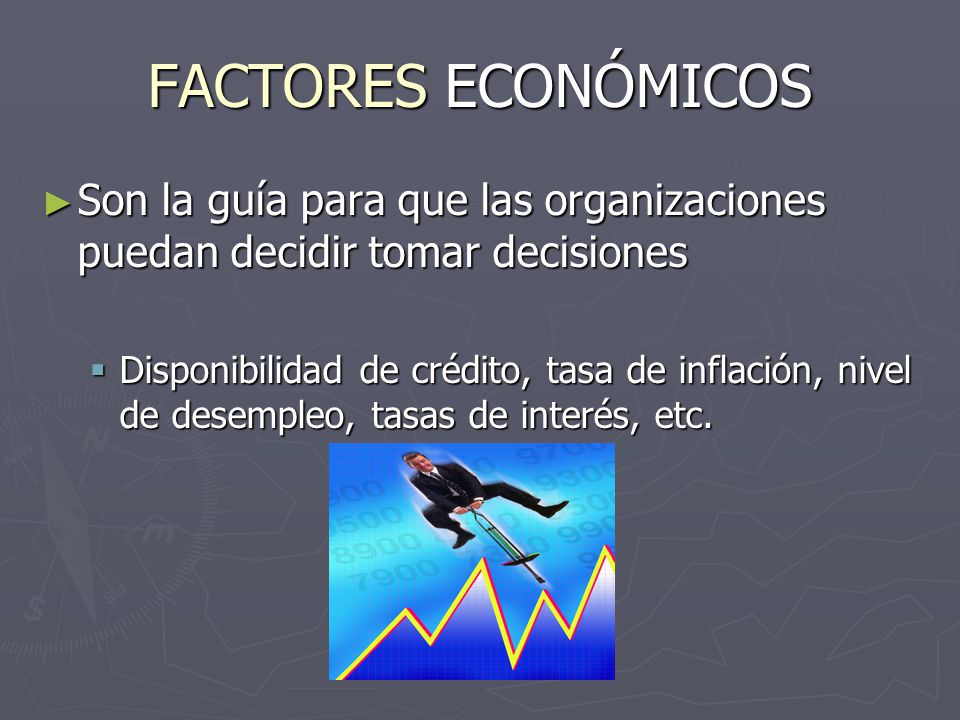 FACTORES ECONÓMICOS Son la guía para que las organizaciones puedan decidir tomar decisiones.