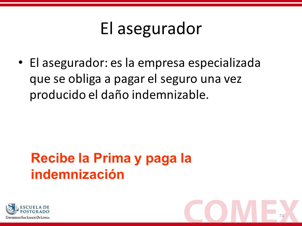 El asegurador El asegurador: es la empresa especializada que se obliga a pagar el seguro una vez producido el daño indemnizable.