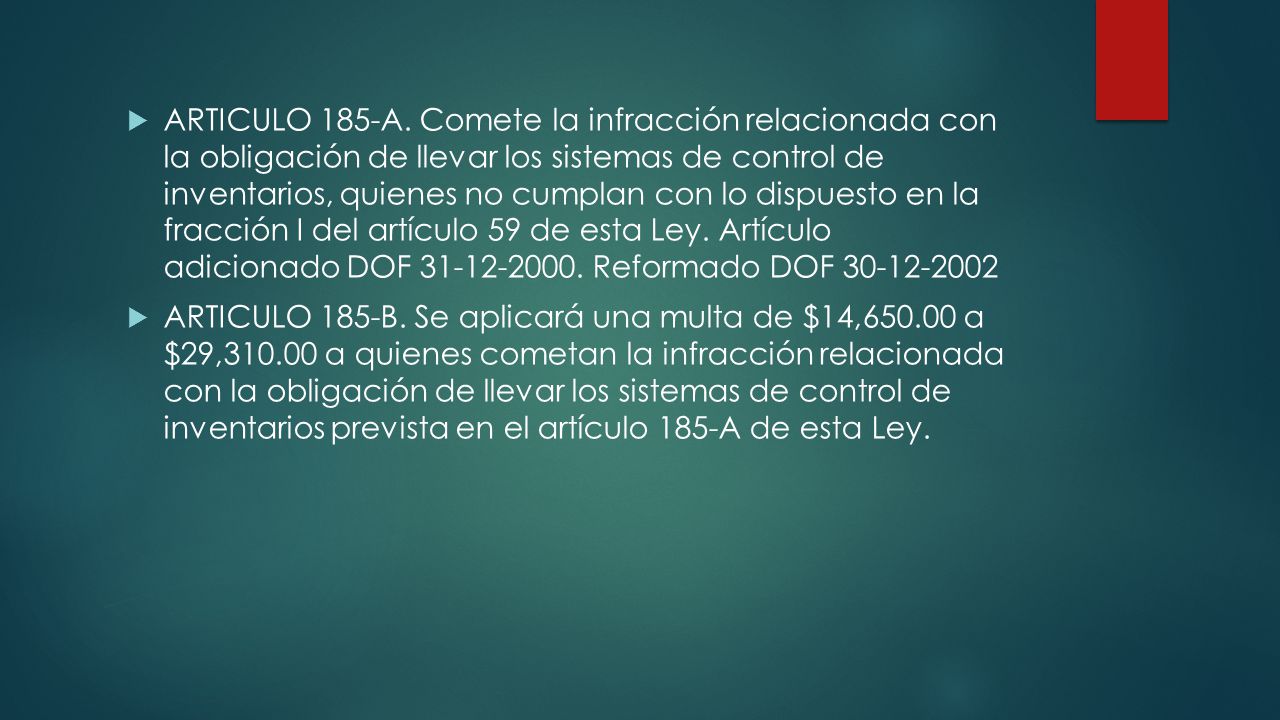 ARTICULO 185-A. Comete la infracción relacionada con la obligación de llevar los sistemas de control de inventarios, quienes no cumplan con lo dispuesto en la fracción I del artículo 59 de esta Ley. Artículo adicionado DOF Reformado DOF