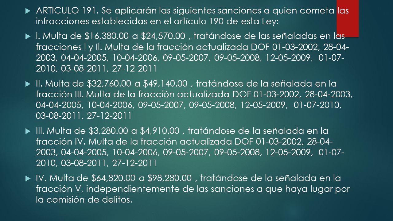 ARTICULO 191. Se aplicarán las siguientes sanciones a quien cometa las infracciones establecidas en el artículo 190 de esta Ley: