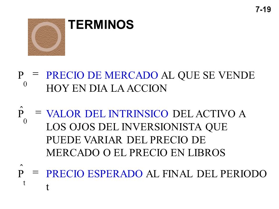 TERMINOS = P PRECIO DE MERCADO AL QUE SE VENDE HOY EN DIA LA ACCION ˆ