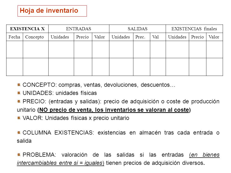 Hoja de inventario EXISTENCIA X. ENTRADAS. SALIDAS. EXISTENCIAS finales. Fecha. Concepto. Unidades.