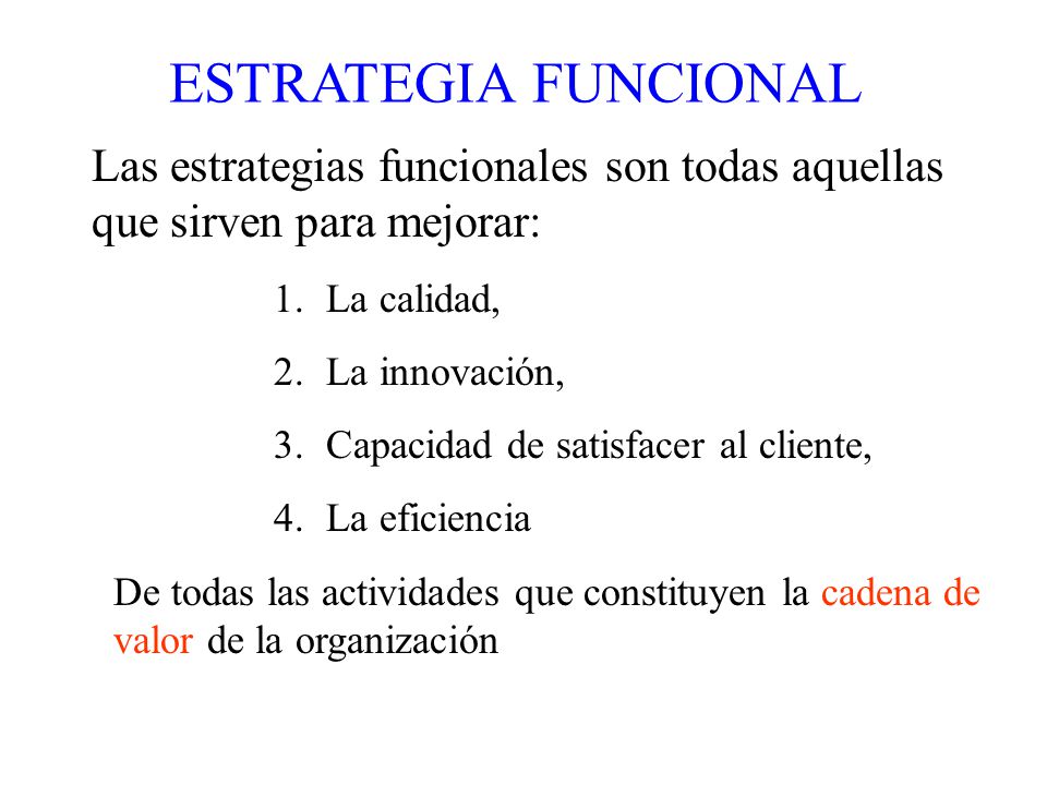 ESTRATEGIA FUNCIONAL Las estrategias funcionales son todas aquellas que sirven para mejorar: La calidad,
