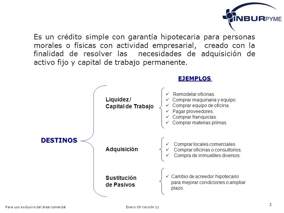 Es un crédito simple con garantía hipotecaria para personas morales o físicas con actividad empresarial, creado con la finalidad de resolver las necesidades de adquisición de activo fijo y capital de trabajo permanente.
