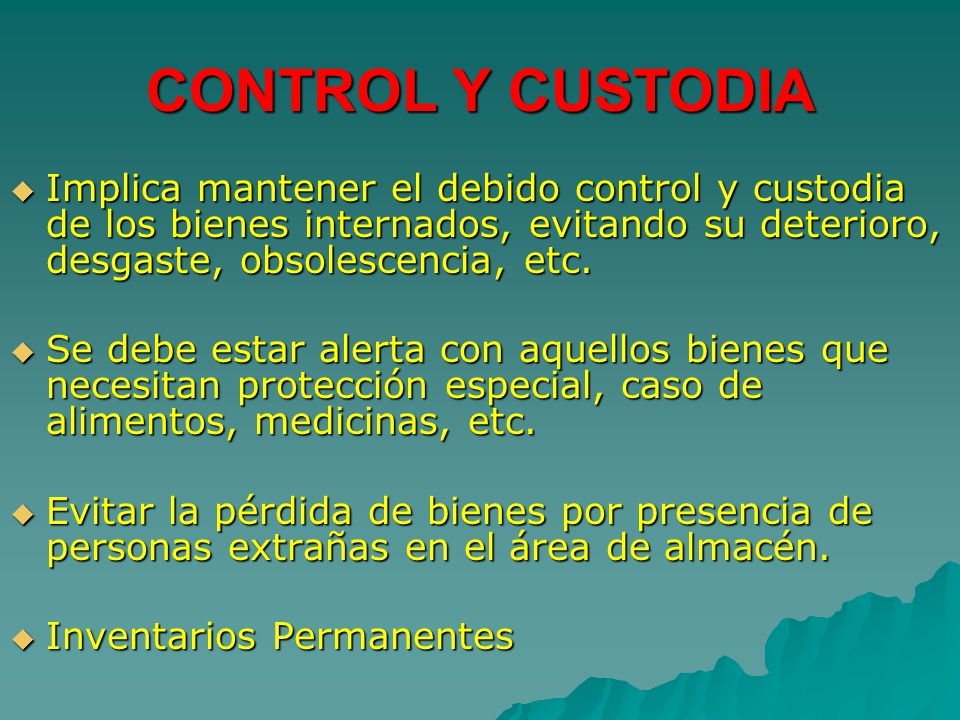 CONTROL Y CUSTODIA Implica mantener el debido control y custodia de los bienes internados, evitando su deterioro, desgaste, obsolescencia, etc.