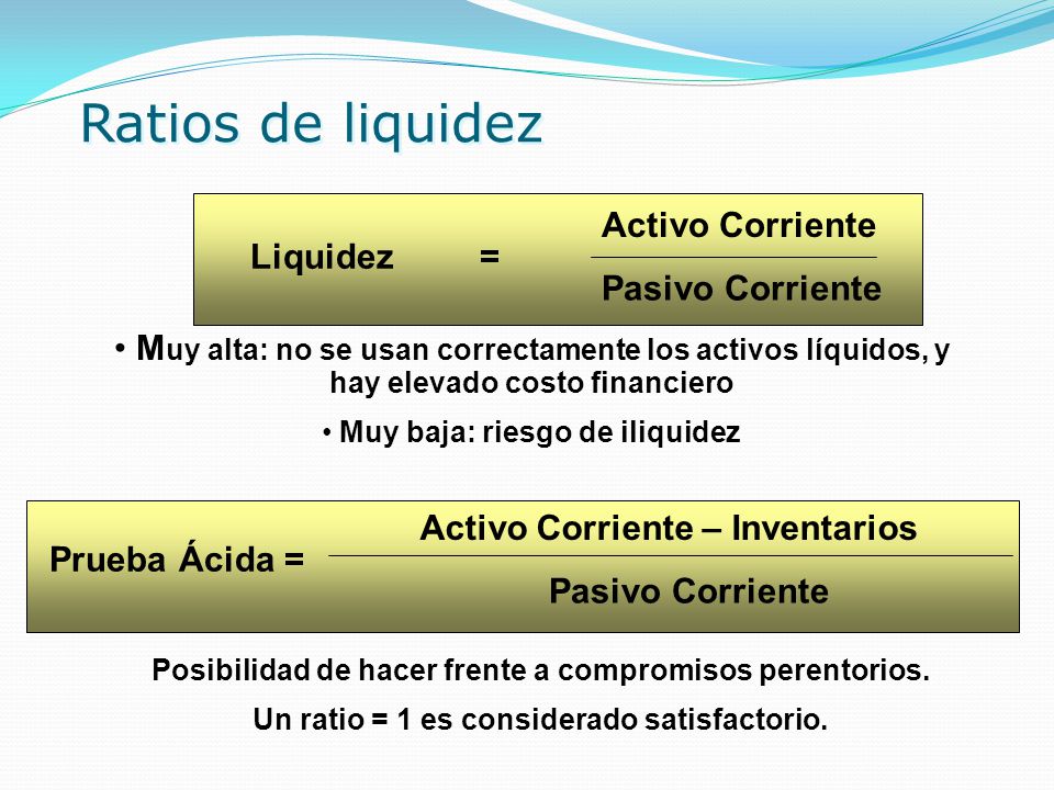 Ratios de liquidez Activo Corriente Liquidez = Pasivo Corriente