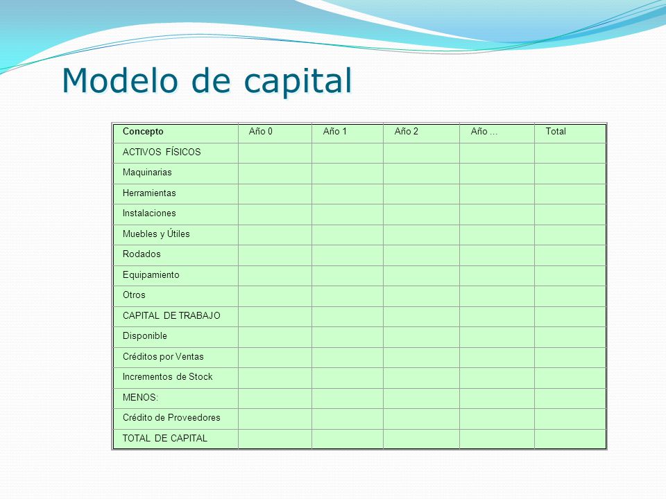 Modelo de capital Concepto Año 0 Año 1 Año 2 Año ... Total