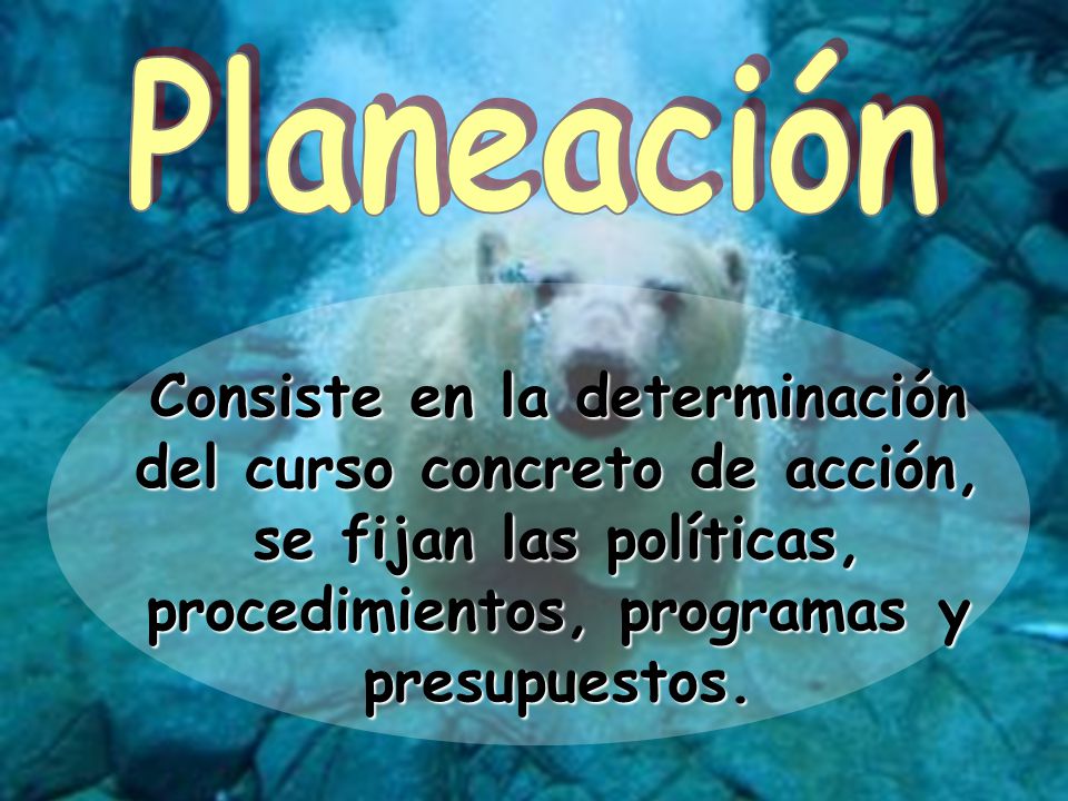 Planeación Consiste en la determinación del curso concreto de acción, se fijan las políticas, procedimientos, programas y presupuestos.