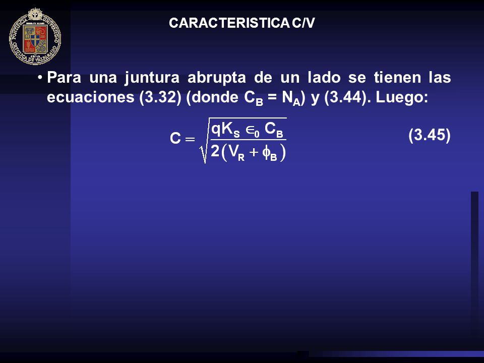 CARACTERISTICA C/V Para una juntura abrupta de un lado se tienen las ecuaciones (3.32) (donde CB = NA) y (3.44). Luego: