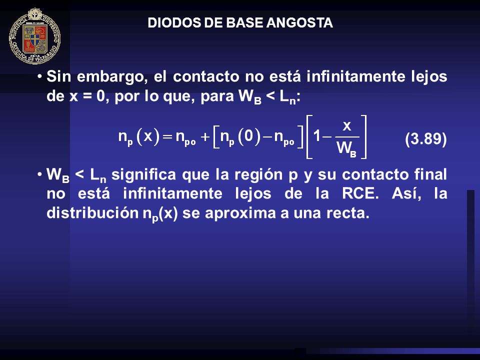 DIODOS DE BASE ANGOSTA Sin embargo, el contacto no está infinitamente lejos de x = 0, por lo que, para WB < Ln: