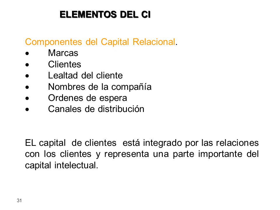 ELEMENTOS DEL CI Componentes del Capital Relacional. · Marcas. · Clientes. · Lealtad del cliente.