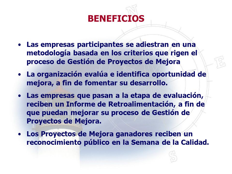 BENEFICIOS Las empresas participantes se adiestran en una metodología basada en los criterios que rigen el proceso de Gestión de Proyectos de Mejora.