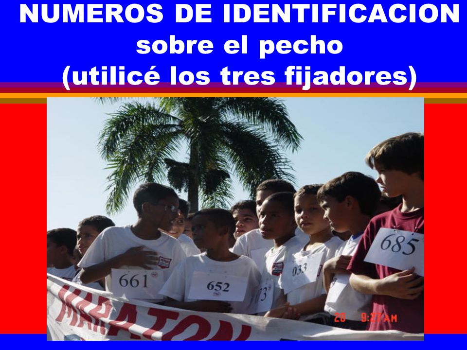 NUMEROS DE IDENTIFICACION sobre el pecho (utilicé los tres fijadores)