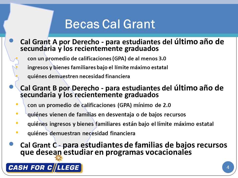Becas Cal Grant Cal Grant A por Derecho - para estudiantes del último año de secundaria y los recientemente graduados.