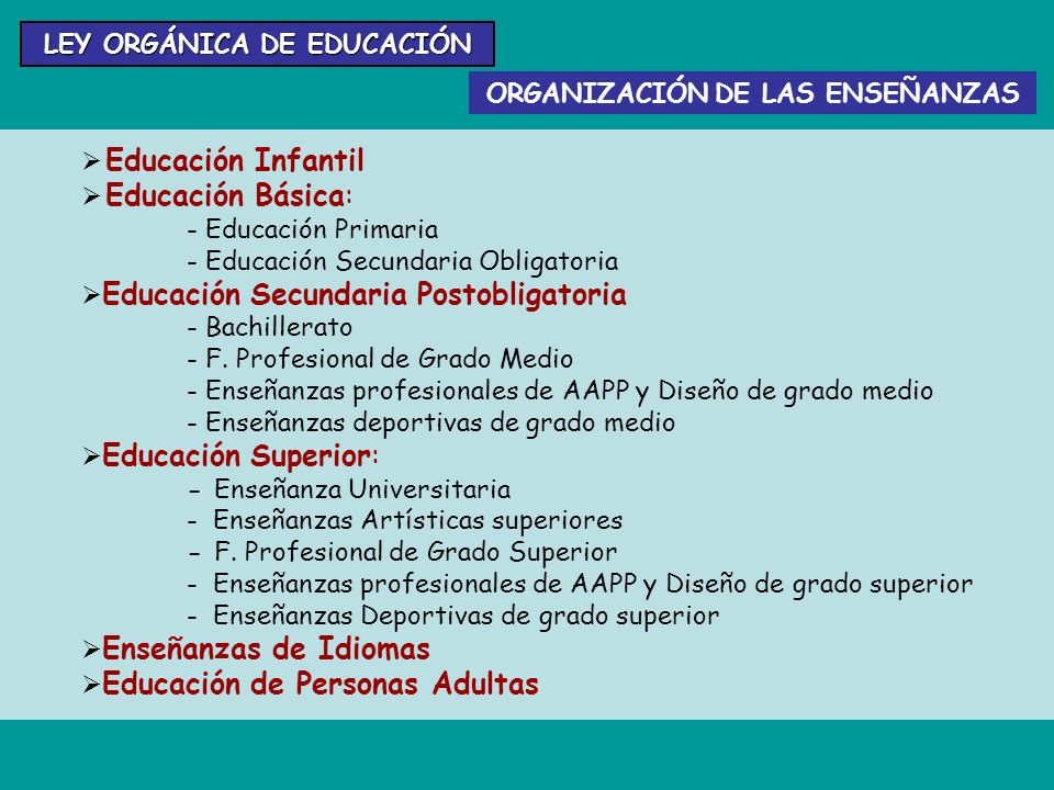 LEY ORGÁNICA DE EDUCACIÓN ORGANIZACIÓN DE LAS ENSEÑANZAS