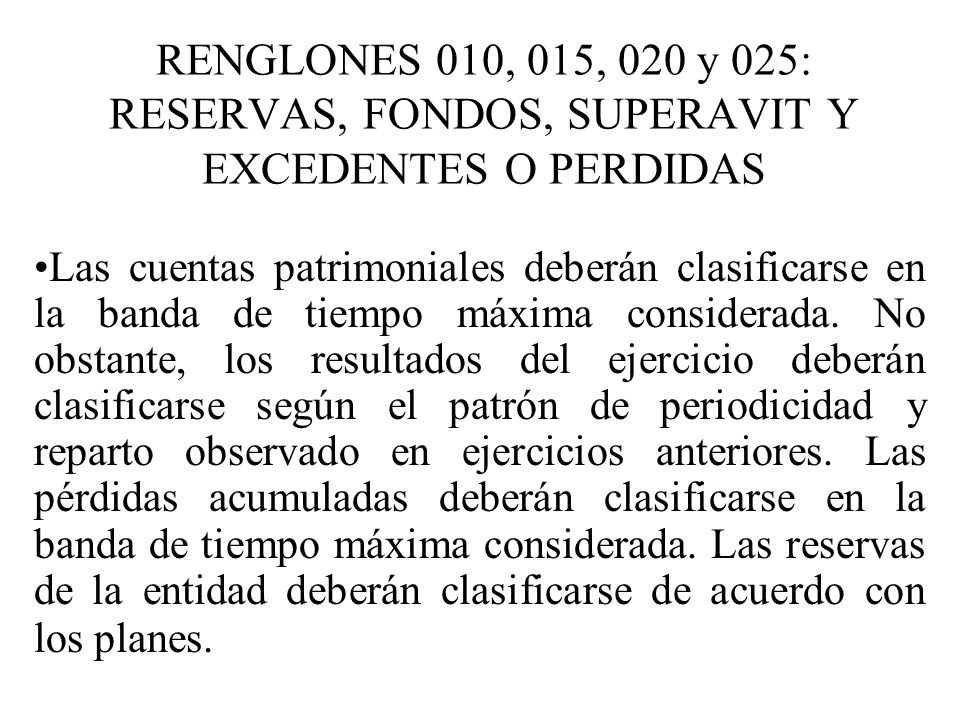 RENGLONES 010, 015, 020 y 025: RESERVAS, FONDOS, SUPERAVIT Y EXCEDENTES O PERDIDAS