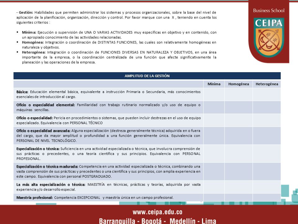 - Gestión: Habilidades que permiten administrar los sistemas y procesos organizacionales, sobre la base del nivel de aplicación de la planificación, organización, dirección y control. Por favor marque con una X , teniendo en cuenta los siguientes criterios :