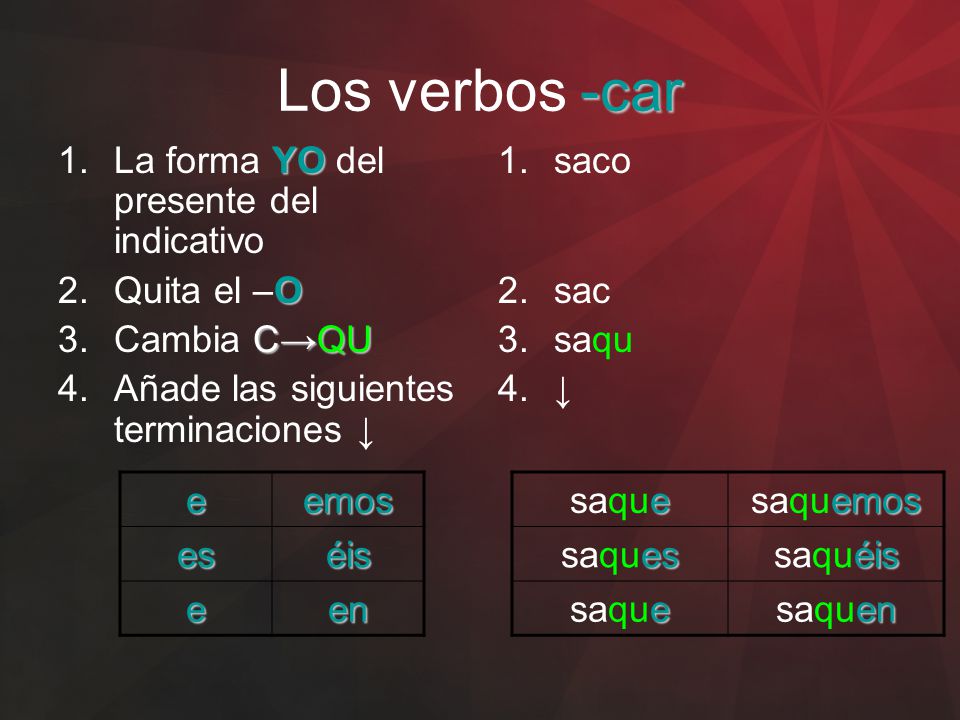 Los verbos -car La forma YO del presente del indicativo Quita el –O