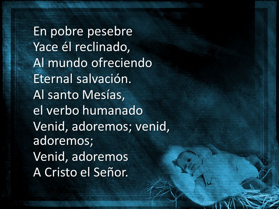 En pobre pesebre Yace él reclinado, Al mundo ofreciendo. Eternal salvación. Al santo Mesías, el verbo humanado.