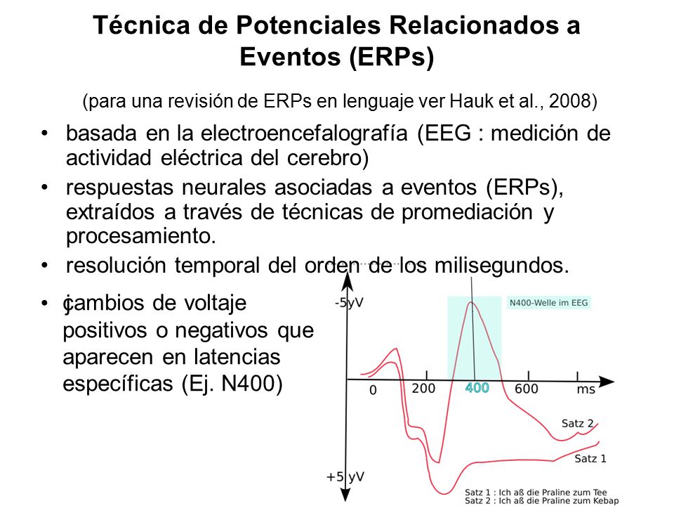 Técnica de Potenciales Relacionados a Eventos (ERPs) (para una revisión de ERPs en lenguaje ver Hauk et al., 2008)