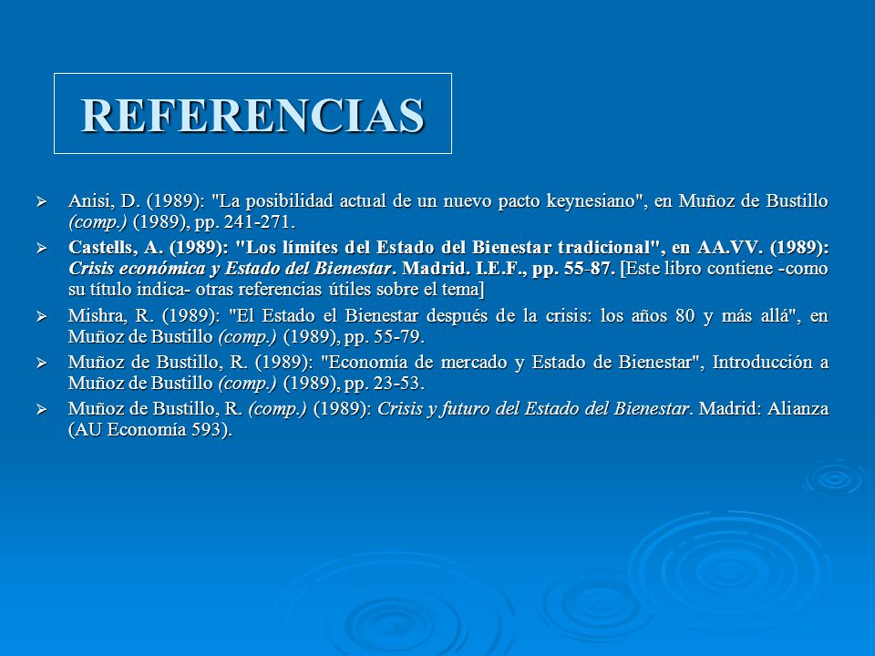 REFERENCIAS Anisi, D. (1989): La posibilidad actual de un nuevo pacto keynesiano , en Muñoz de Bustillo (comp.) (1989), pp