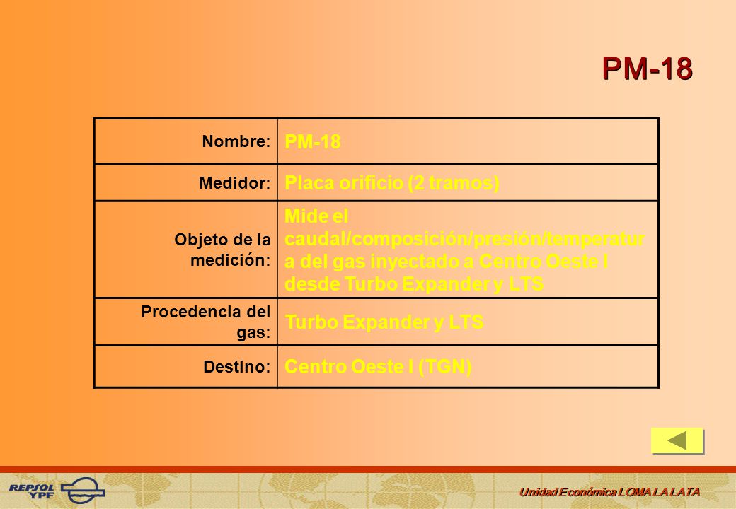 PM-18 Nombre: PM-18. Medidor: Placa orificio (2 tramos) Objeto de la medición: