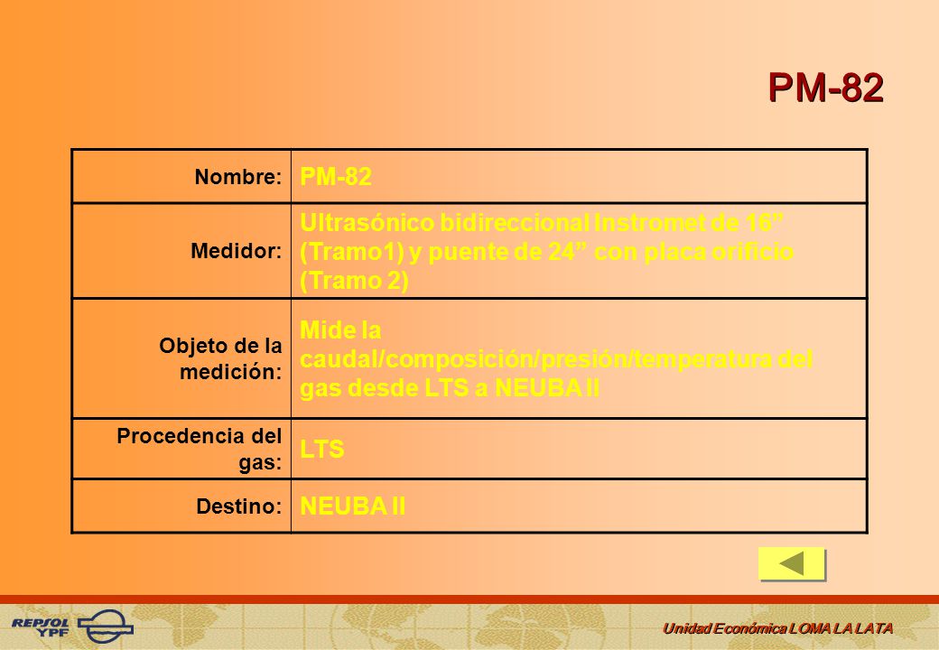 PM-82 Nombre: PM-82. Medidor: Ultrasónico bidireccional Instromet de 16 (Tramo1) y puente de 24 con placa orificio (Tramo 2)