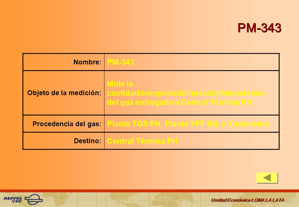 PM-343 Nombre: PM-343. Objeto de la medición: Mide la cantidad/composición/presión/temperatura del gas entregado a Central Térmica PH.