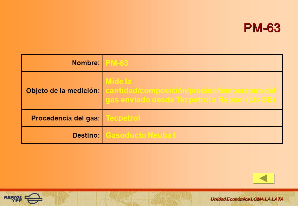 PM-63 Nombre: PM-63. Objeto de la medición: Mide la cantidad/composición/presión/temperatura del gas enviado desde Tecpetrol a Repsol (Lts SB)