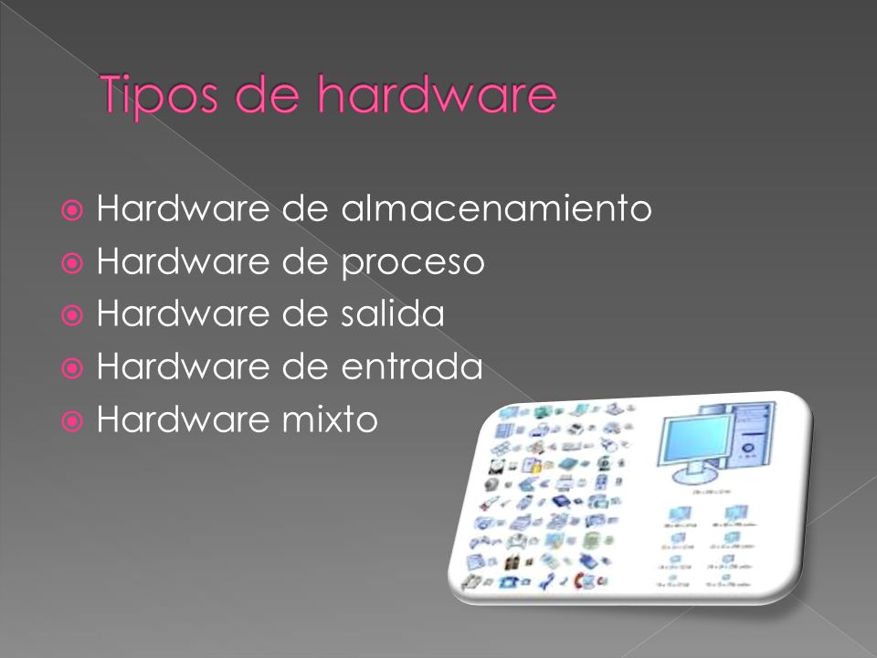 Tipos de hardware Hardware de almacenamiento Hardware de proceso